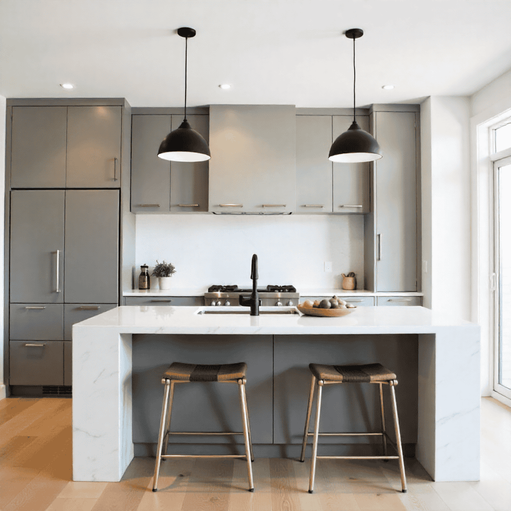 Contemporary kitchen with marble benchtops and pendant lighting